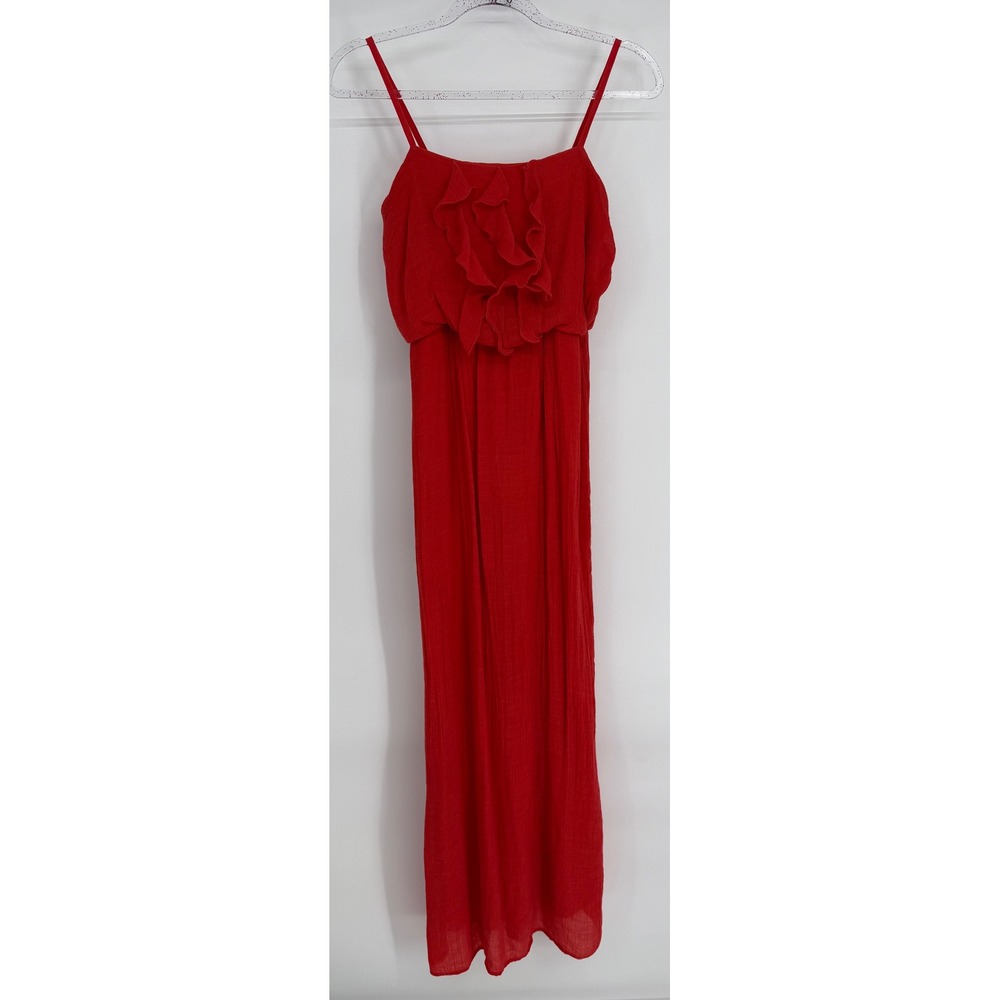 BCX Womens Red Ruffle Bodice Maxi Dress Textured Gauze Elastic Waist Sz L